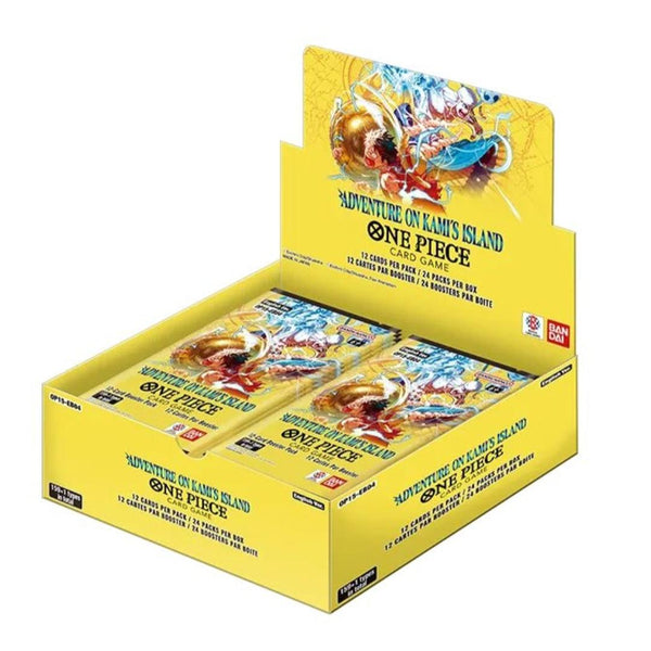 Caja de sobres One Piece OP15 Adventure on KAMI’s Island con diseño amarillo brillante y 24 paquetes de cartas coleccionables.