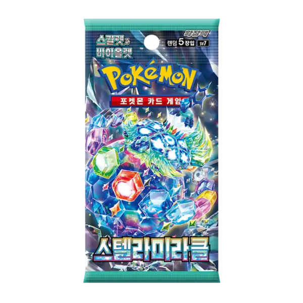 Sobre de cartas Pokémon Stellar Miracle SV7 con diseño brillante y colorido de Terapagos sobre fondo cósmico azul.