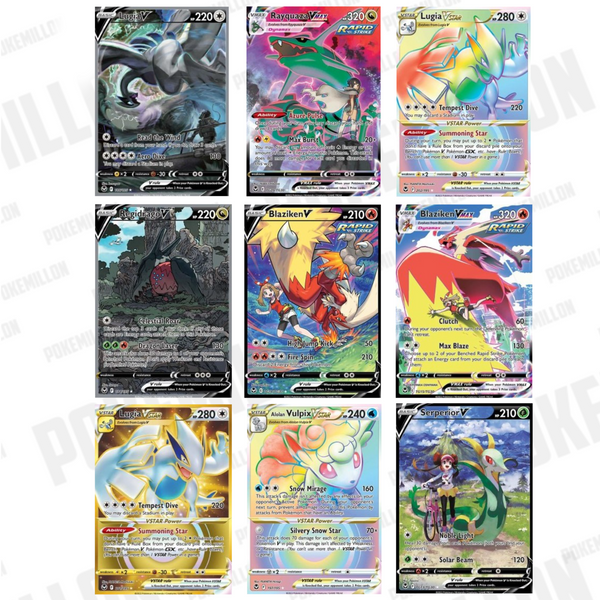 Colección de nueve cartas Pokémon V, VMAX y V-ASTRO de la expansión Tempestad Plateada con ilustraciones coloridas.
