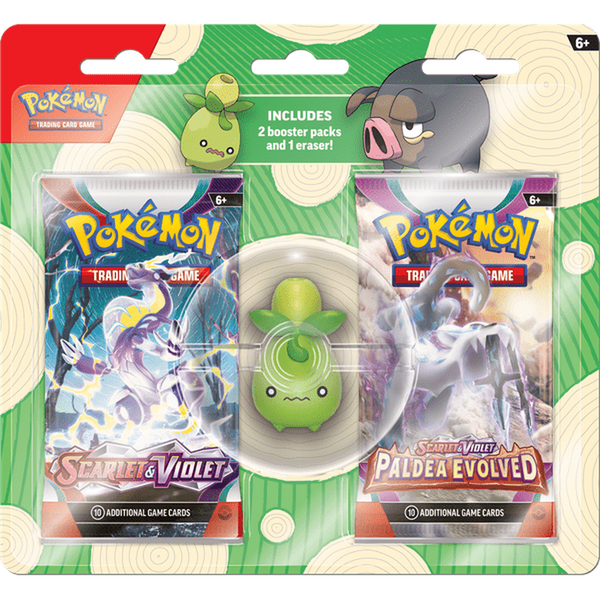 Blíster Pokémon con dos sobres de cartas JCC y una goma de borrar con forma de Smoliv en un empaque colorido.