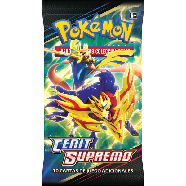 Sobre sellado de Pokémon Cenit Supremo con ilustraciones de Zacian y Zamazenta en tonos azules, amarillos y dorados.