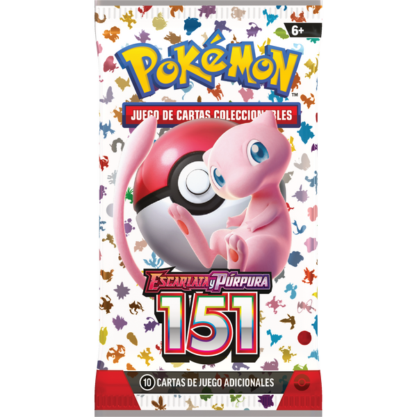 Sobre de cartas Pokémon Scarlet & Violet 151 con Mew, una Poké Ball y fondo blanco estampado con siluetas de Pokémon.