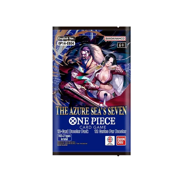 Sobre de cartas One Piece OP-14 The Azure Sea's Seven con diseño azul y personajes de anime en el empaque sellado.