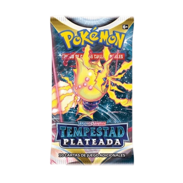 Sobre de cartas Pokémon Tempestad Plateada con Regieleki amarillo y azul sobre fondo espacial oscuro.