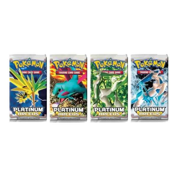 Cuatro sobres sellados de Pokémon Platinum Arceus con ilustraciones coloridas de Zapdos, Salamence, Arceus y Dialga.
