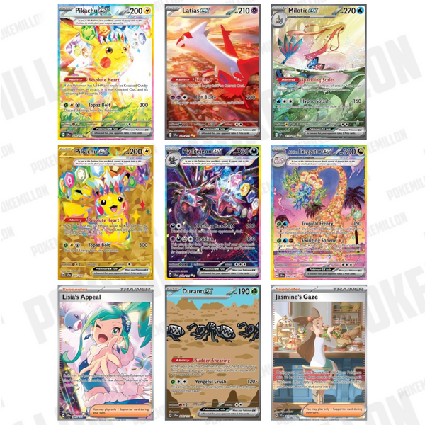 Colección de nueve cartas Pokémon ex y de entrenador de la expansión Escarlata y Púrpura Chispas Fulgurantes con arte ilustrado.