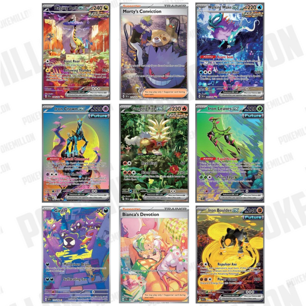 Colección de nueve cartas Pokémon ilustradas de la expansión Fuerzas Temporales con diseños coloridos y detallados.