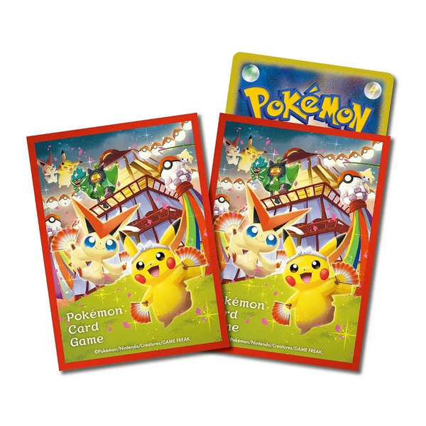 Caja especial Pokémon Center Tohoku con carta holográfica de Pikachu, fundas para cartas y caja para mazos con diseño festivo.