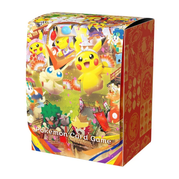 Caja especial Pokémon Center Tohoku con carta holográfica de Pikachu, fundas para cartas y caja para mazos con diseño festivo.