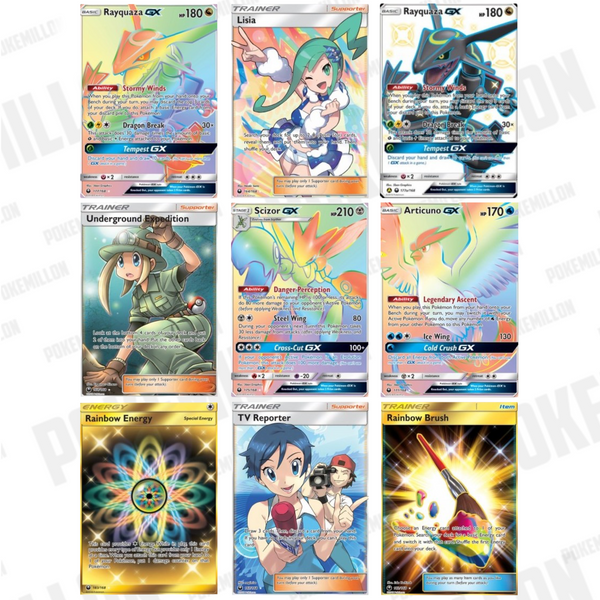 Colección de cartas Pokémon GX, Entrenador y Energía de la expansión Sol y Luna-Tormenta Celestial con diseños coloridos.
