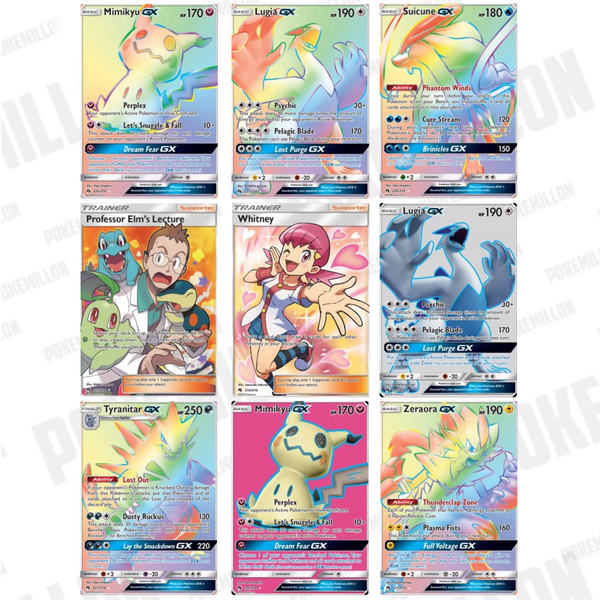 Colección de cartas Pokémon GX arcoíris de la expansión Sol y Luna-Truenos Perdidos con diseños brillantes y coloridos.