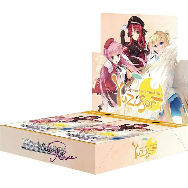 Caja de sobres Weiss Schwarz Rose YUZUSOFT con ilustraciones de personajes anime en tonos pastel y logotipos de la marca.