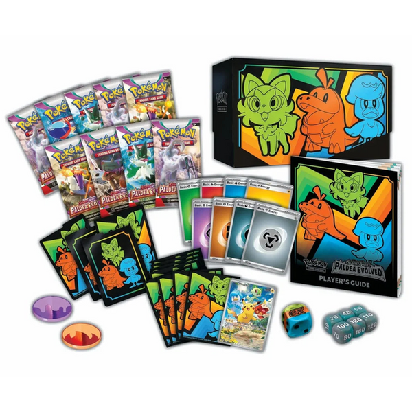Caja de Entrenador Élite Pokémon Paldea Evolved con sobres, fundas, dados, contadores y guía de juego ilustrada.