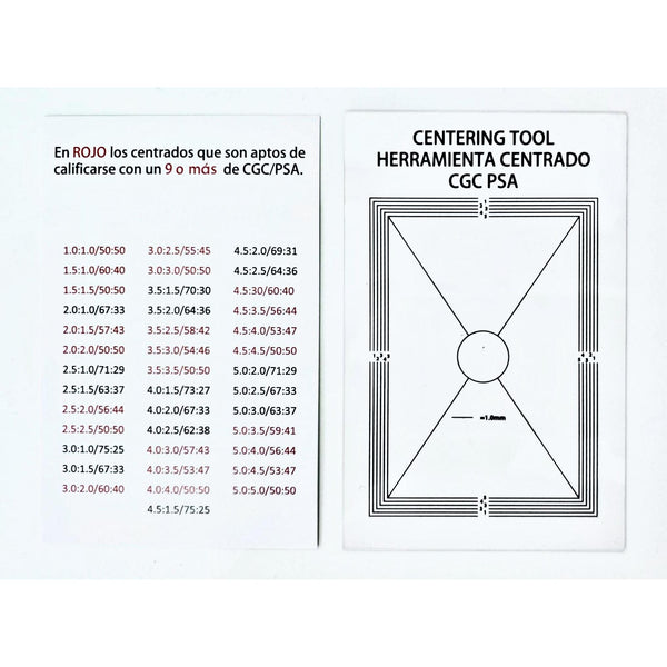 Herramienta de centrado transparente con líneas de precisión y tabla de referencia para calificar cartas coleccionables.