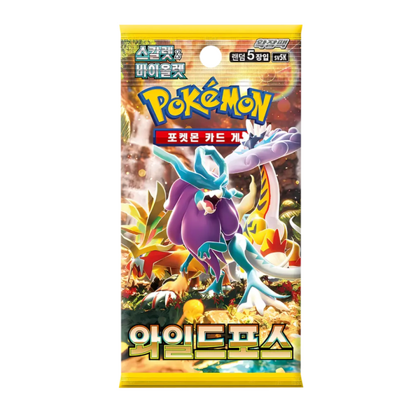 Sobre de cartas Pokémon Wild Force con Walking Wake y Raging Bolt en un diseño colorido y brillante de 5 cartas.