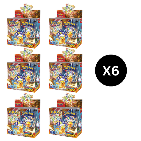 Case sellado de 6 cajas de sobres Pokémon Chispas Fulgurantes SV8 en español con diseño de Pikachu y colores vibrantes.