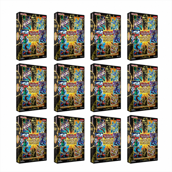 Case de 12 cajas de Yu-Gi-Oh! Magnificent Monsters con diseño negro, dorado y arte de monstruos icónicos en cada empaque.