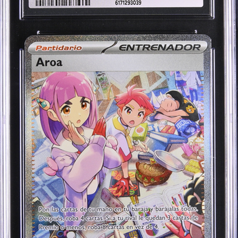 CGC Mint 9 graded Spanish Aroa 172/142 Stellar Crown Pokémon card featuring vibrant anime-style character artwork.
