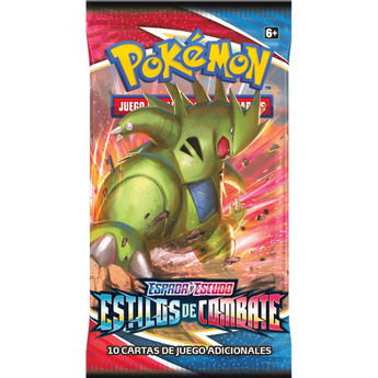 Sobre de cartas Pokémon Espada y Escudo Estilos de Combate con Tyranitar verde sobre fondo rojo y azul brillante.