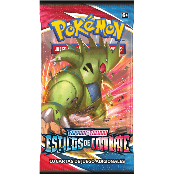 Sobre de cartas Pokémon Espada y Escudo Estilos de Combate con Tyranitar verde sobre fondo rojo y azul brillante.