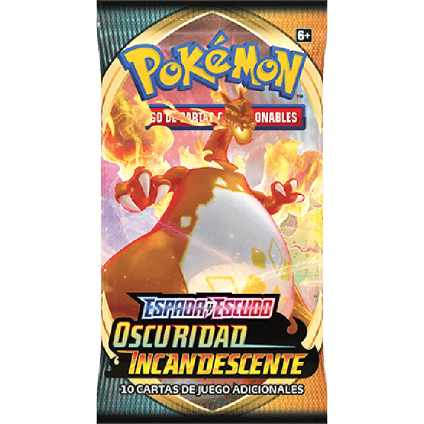Sobre de cartas Pokémon Espada y Escudo Oscuridad Incandescente con Charizard VMAX rodeado de llamas naranjas y amarillas.
