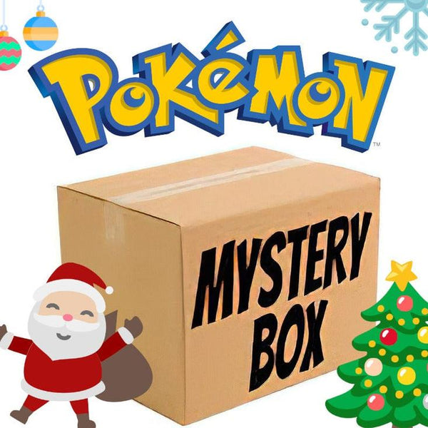 Caja de cartón marrón con texto Mystery Box, logo de Pokémon, Papá Noel y árbol de Navidad decorado.