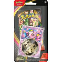 Blíster de Pokémon Dominio Delta con sobre, carta promocional de Spritzee y moneda coleccionable en empaque negro y rojo.