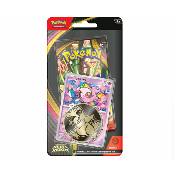 Blíster Pokémon Dominio Delta con sobre, carta promocional de Spritzee y moneda coleccionable en empaque sellado.