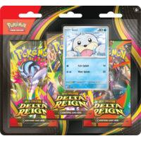Blíster de 3 sobres Pokémon Dominio Delta con carta promocional de Seel y moneda coleccionable en empaque de cartón y plástico.