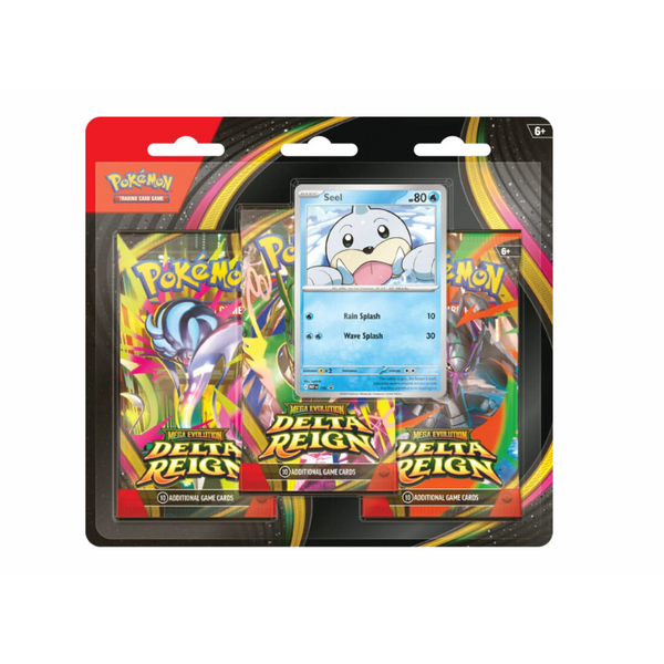 Blíster de Pokémon Dominio Delta con tres sobres, carta promocional de Seel y diseño colorido en cartón sellado.