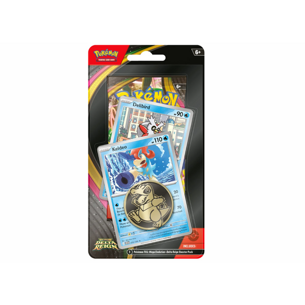 Blíster Pokémon Dominio Delta con sobre, cartas promocionales de Delibird y Keldeo, y una moneda coleccionable metálica.