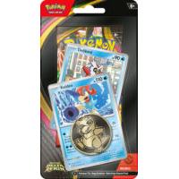 Blíster de Pokémon Dominio Delta con sobre, carta promocional de Koiden, carta de Delibird y moneda coleccionable metálica.