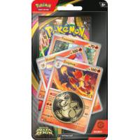 Blíster Pokémon Dominio Delta con sobre, carta promocional de Delphox y moneda coleccionable en empaque de cartón negro.