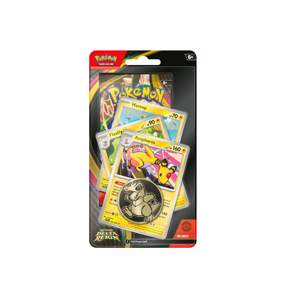 Blíster Pokémon Dominio Delta con sobre, carta promocional de Ampharos y moneda coleccionable en empaque sellado.