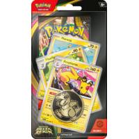 Blíster Pokémon Dominio Delta con sobre, carta promocional de Ampharos y moneda coleccionable en empaque negro y rojo.