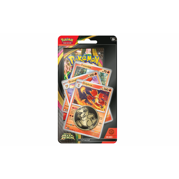 Blíster de Dominio Delta con sobre, moneda coleccionable y cartas promocionales de Fennekin, Braixen y Delphox.