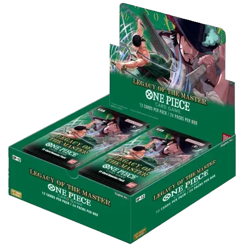 Caja de 24 sobres One Piece OP-12 Legacy of the Master con diseño verde y arte de Zoro y Mihawk en la parte frontal.
