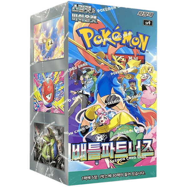 Caja de 30 sobres Pokémon Battle Partner sv9 con diseño colorido, personajes ilustrados y logo oficial en azul.