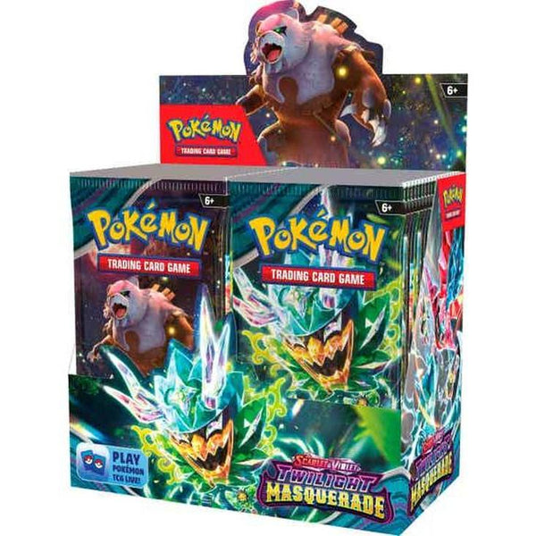Caja expositora de sobres Pokémon Escarlata y Púrpura Mascarada Crepuscular con arte de Ogerpon y Ursaluna.