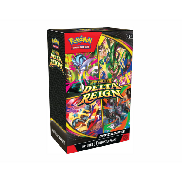 Caja de 6 sobres Pokémon Dominio Delta con diseño colorido, ilustraciones de Mega Evolución y logo oficial en fondo negro.