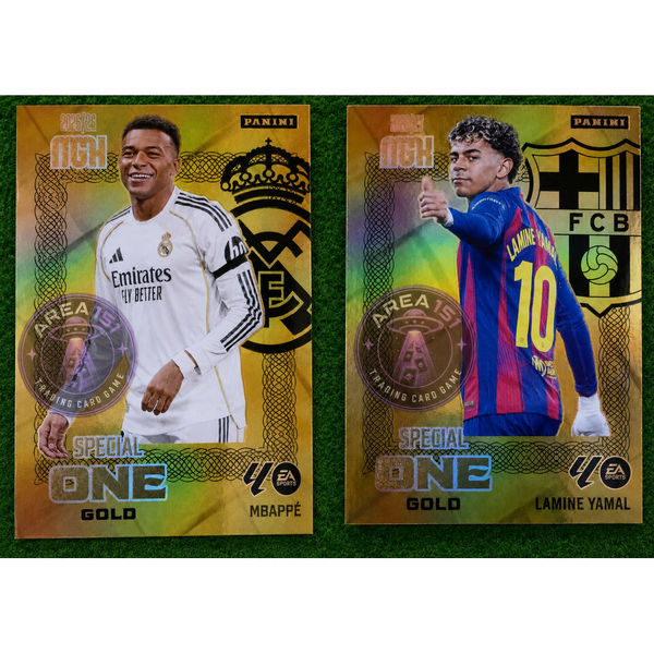 Dos cartas coleccionables Panini Megacracks 2026/27 con acabado dorado brillante de Mbappé y Lamine Yamal.