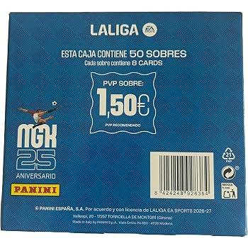 Caja azul de 50 sobres Panini Megacracks 2026/27 de LALIGA con logo del 25 aniversario y código de barras en el reverso.