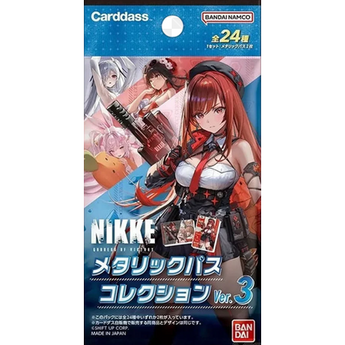 Sobre de tarjetas metálicas Goddess of Victory: NIKKE Vol. 3 de Bandai con ilustraciones de personajes y acabado brillante.