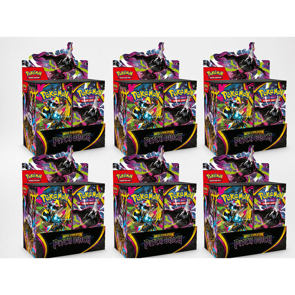 Seis cajas de sobres Pokémon Oscuridad Absoluta con diseño en negro, rosa y amarillo, mostrando ilustraciones de Mega Evoluciones.
