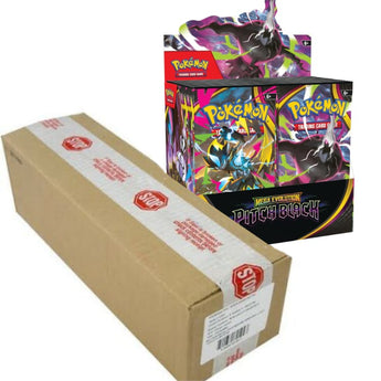 Caja sellada de 36 sobres Pokémon Oscuridad Absoluta con diseño oscuro y colorido, junto a una caja de envío de cartón.