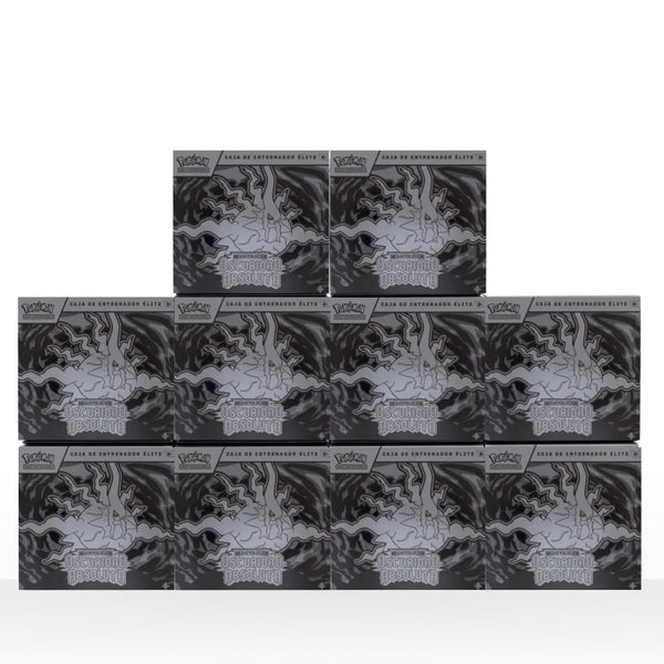 Case de 10 cajas de entrenador élite Pokémon Oscuridad Absoluta con diseño negro y plateado en formato piramidal.