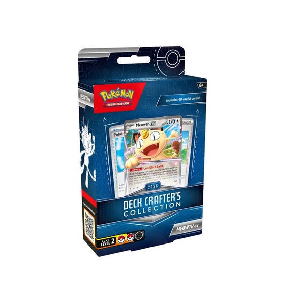Mazo de cartas Pokémon TCG Deck Crafter's Collection 2026 con Meowth ex en una caja azul de 40 cartas y diseño técnico.
