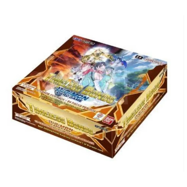 Caja de sobres Digimon Card Game Timeless Bonds BT-26 con diseño en tonos dorados y arte de personajes de anime.
