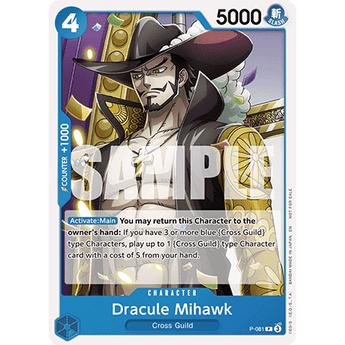 Dracule Mihawk P-081 blue One Piece trading card featuring the character in his signature hat and gold-patterned sleeve.
