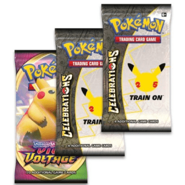 Tres sobres de cartas Pokémon: dos paquetes de Celebraciones con Pikachu y uno de Voltaje Vívido con fondo colorido.